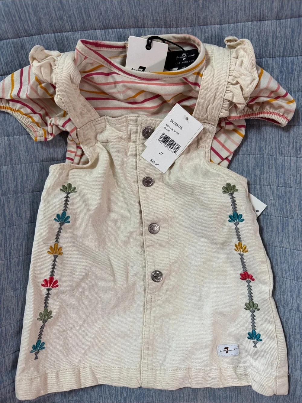 7 For All Mankind Cream Embroidered Overall Dress with Striped Tee